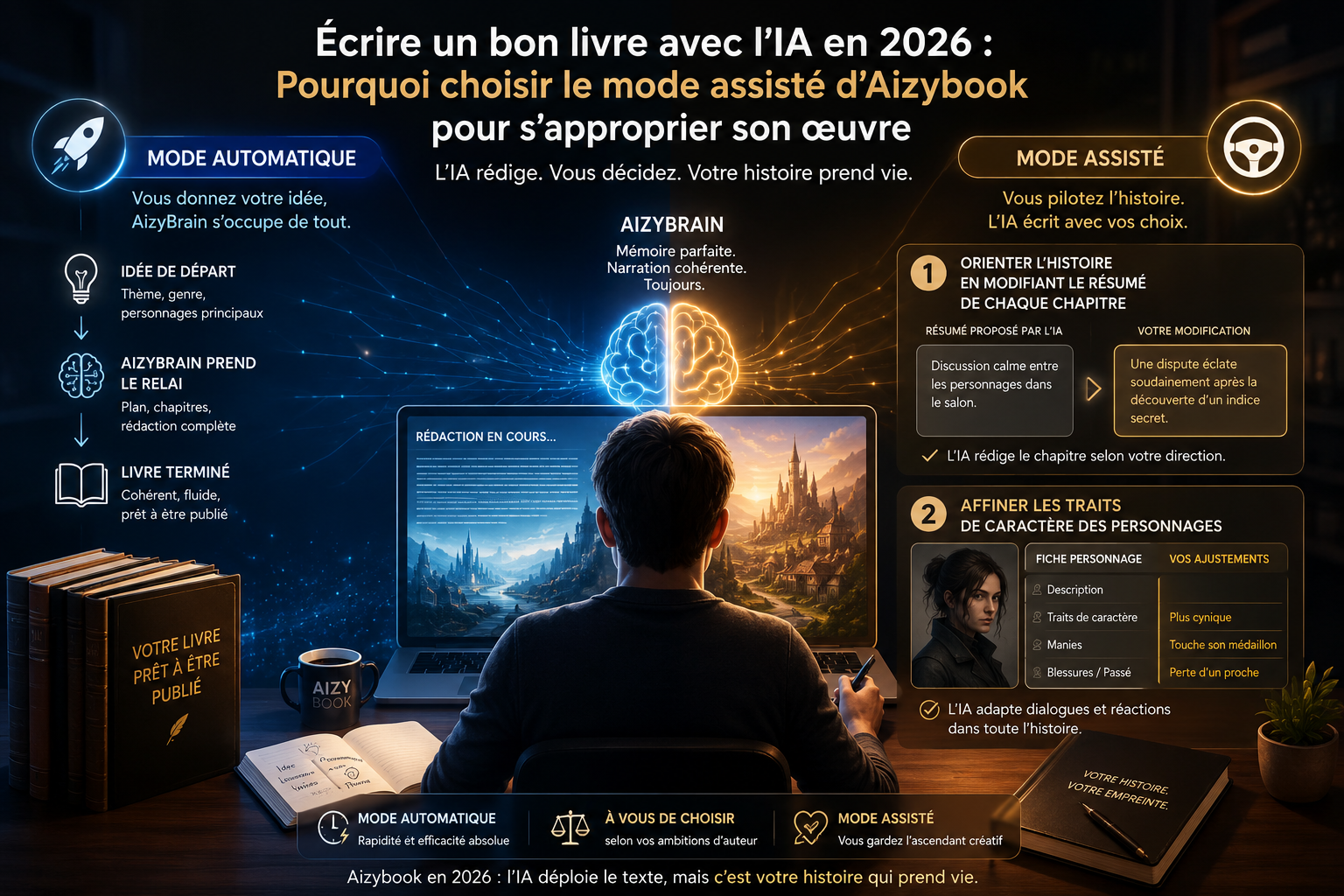Écrire un bon livre avec l’IA en 2026 : pourquoi choisir le mode assisté d’Aizybook pour s’approprier son œuvre...